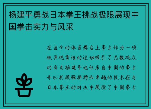 杨建平勇战日本拳王挑战极限展现中国拳击实力与风采